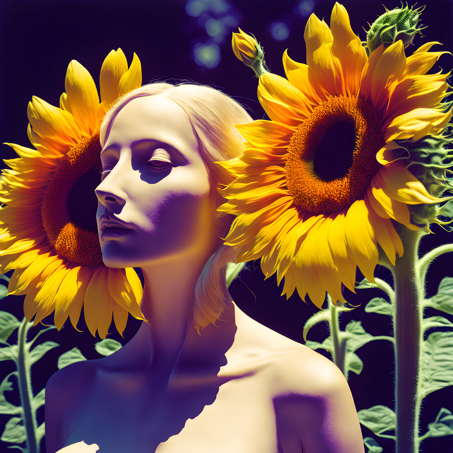 Vibrant surreal portrait with sunflower hair in dreamy setting