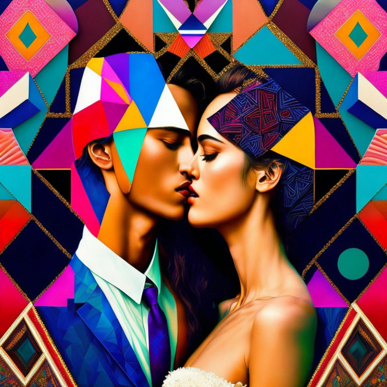 Colorful Geometric Kiss Artwork with Symmetrical Design