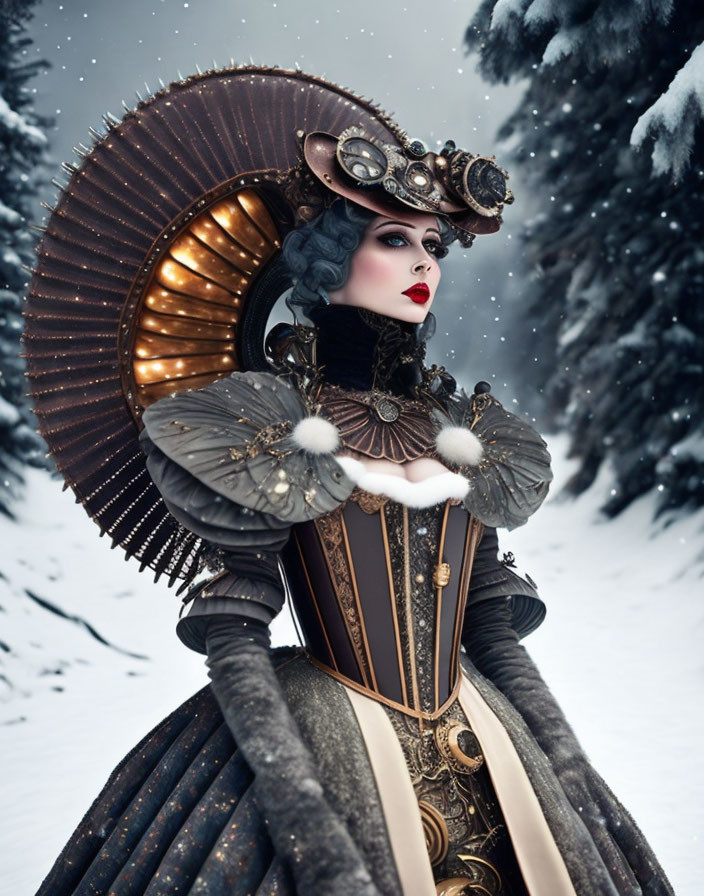 Steampunk woman in ruffled collar and corset in snowy landscape