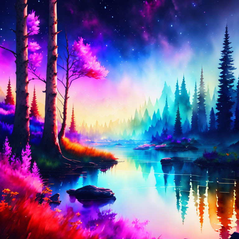 Colorful Landscape with Pink and Purple Hues Reflecting Trees and Serene Water at Night