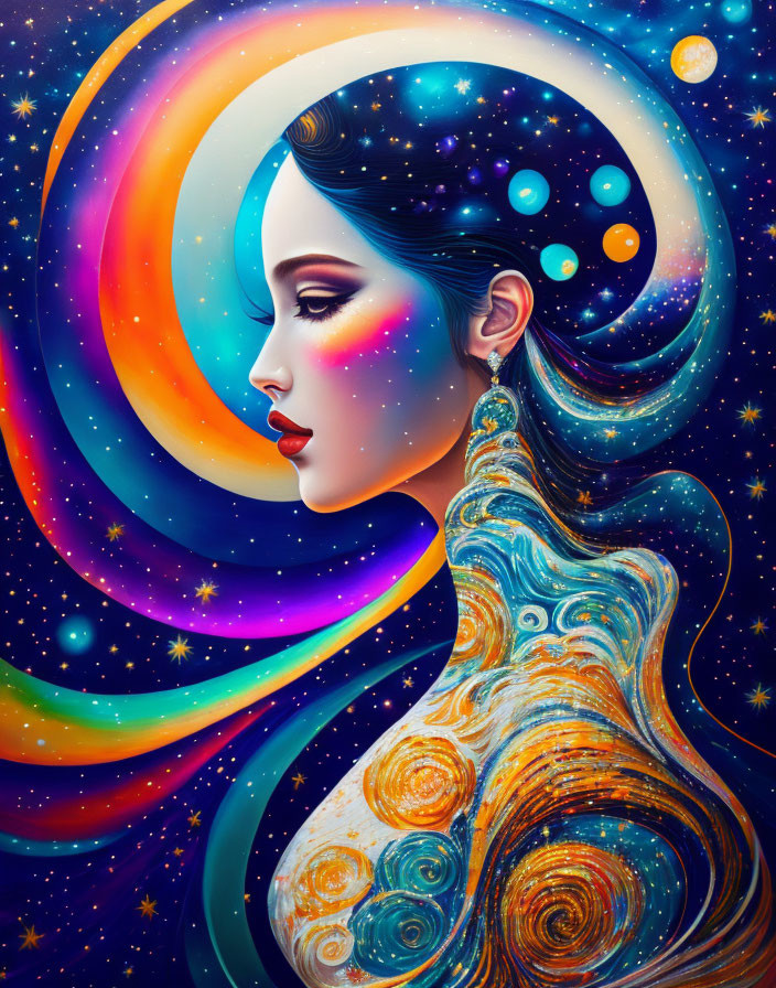 Colorful artwork featuring woman with celestial theme