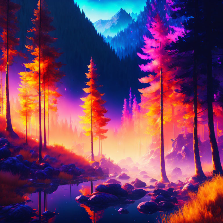 Neon pink and orange digital art forest scene with pine trees, stream, and mountain