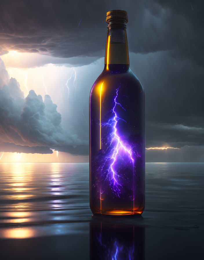 Glass bottle with lightning in stormy backdrop and calm water surface