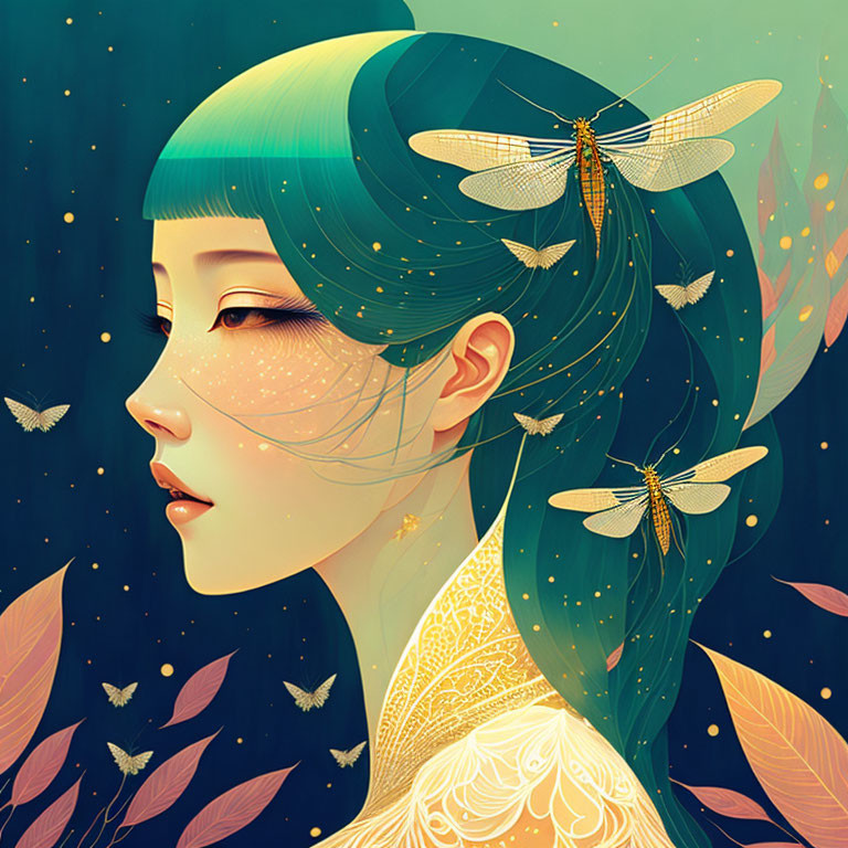 Fantasy art: Woman with green hair and dragonflies in starry setting