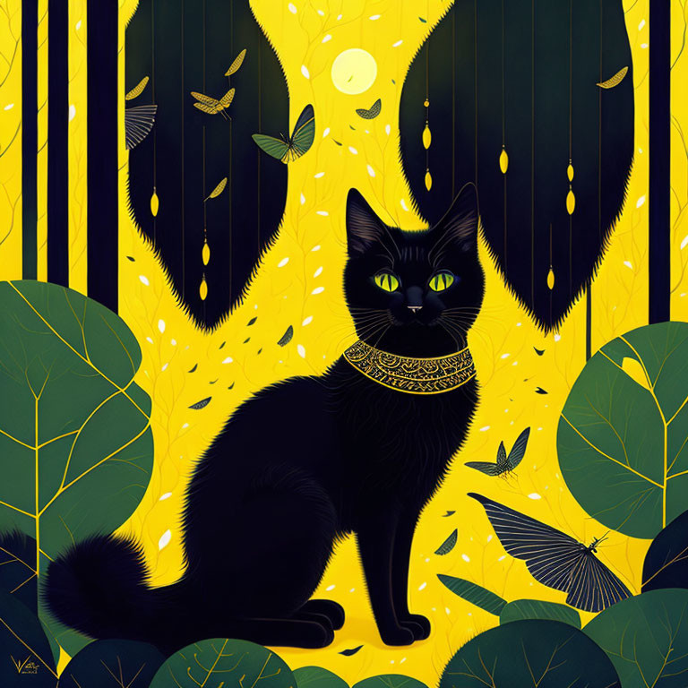 Black Cat with Decorative Collar in Yellow and Green Forest Scene