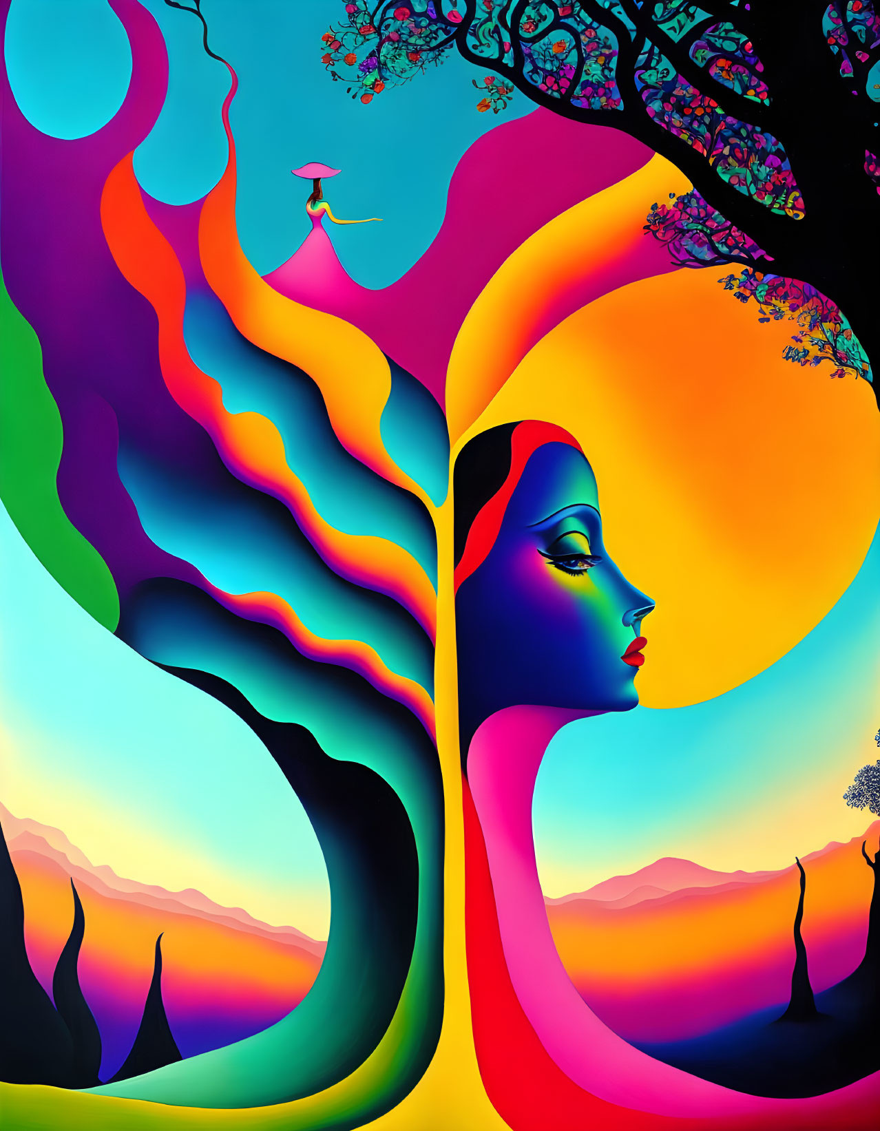 Colorful surrealistic woman's profile with wavy shapes, tree, and small figure.