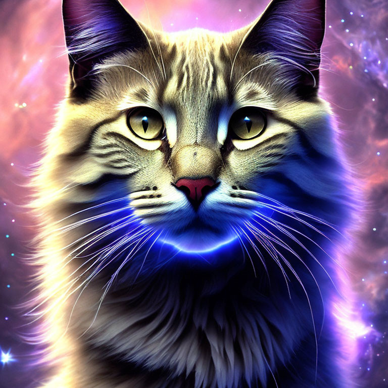 Fluffy cat with yellow eyes in cosmic-themed digital art