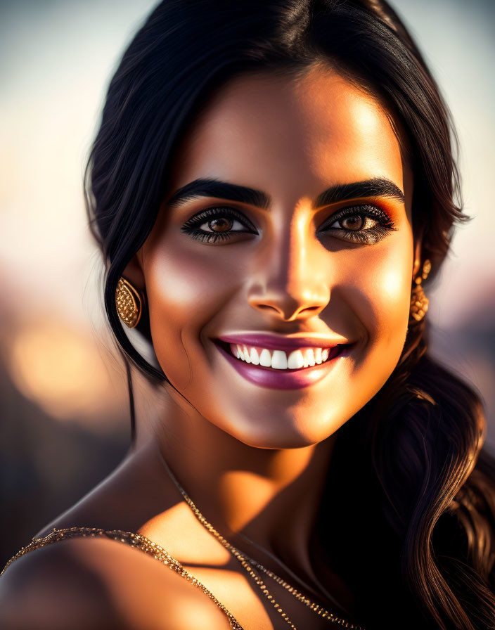 Smiling woman with dark hair and bold makeup in warm lighting