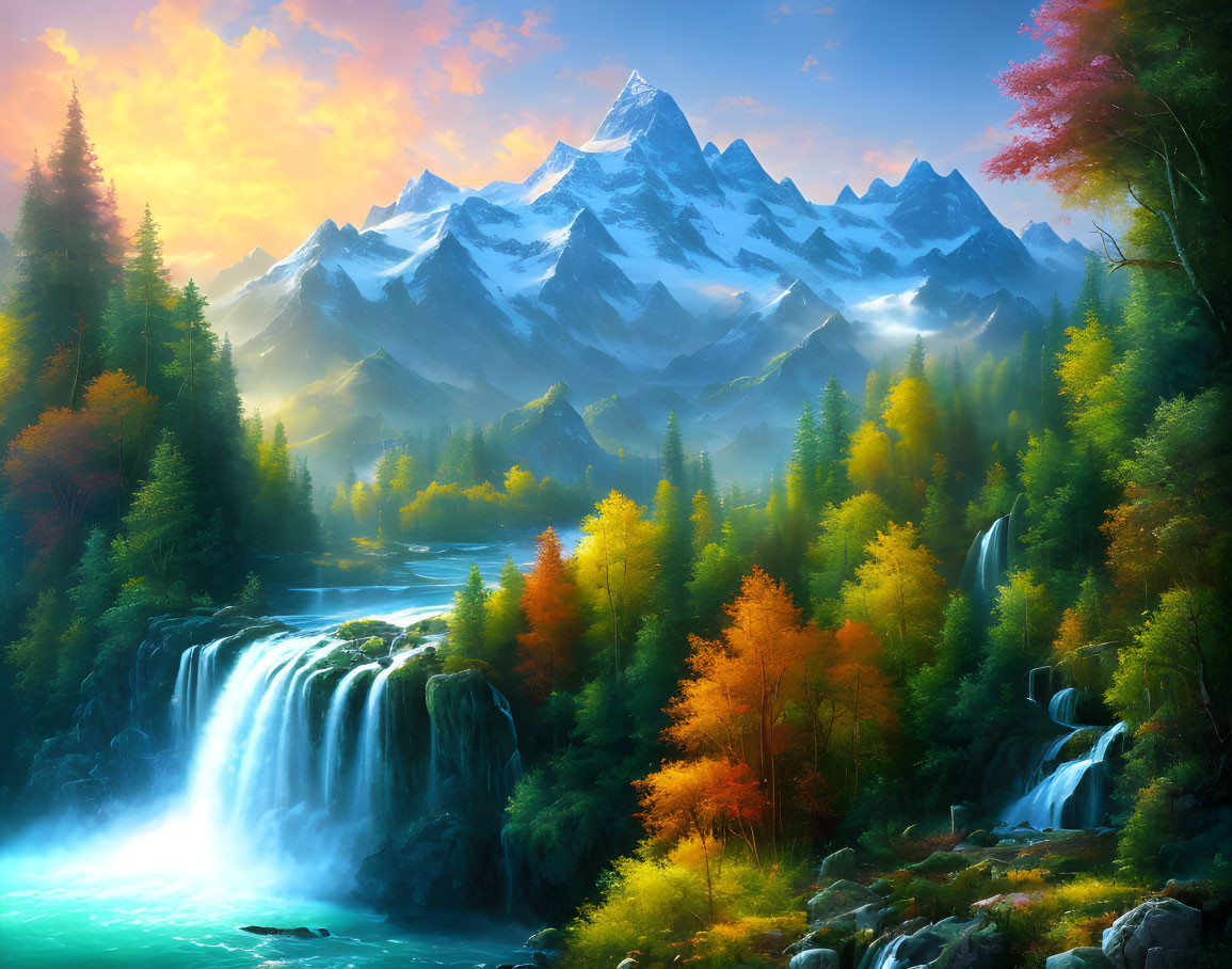 Majestic mountain range, waterfalls, river, autumn forest landscape