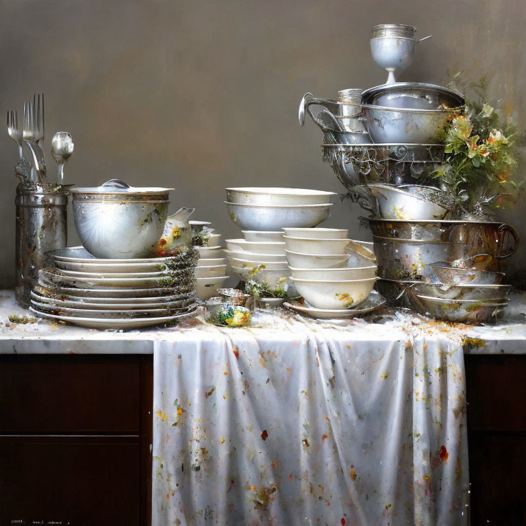 Tarnished silverware and dishes with food scraps on stained tablecloth