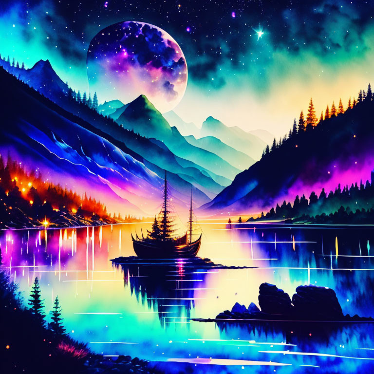 Digital artwork: Boat on serene lake with forested mountains, starry sky, large moon.