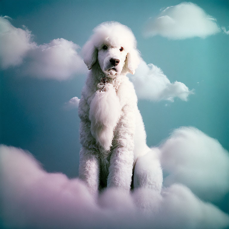 Fluffy white poodle in serene sky scene