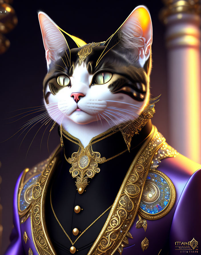 Regal cat in ornate purple and gold outfit exudes elegance