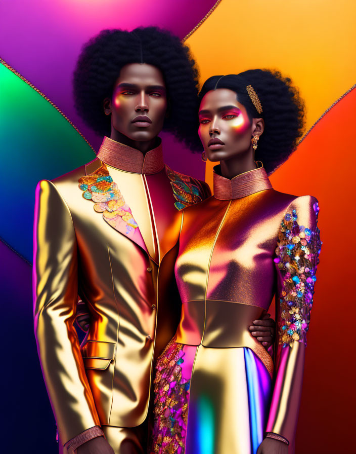 Models in Striking Makeup and Golden Outfits on Rainbow Gradient Background