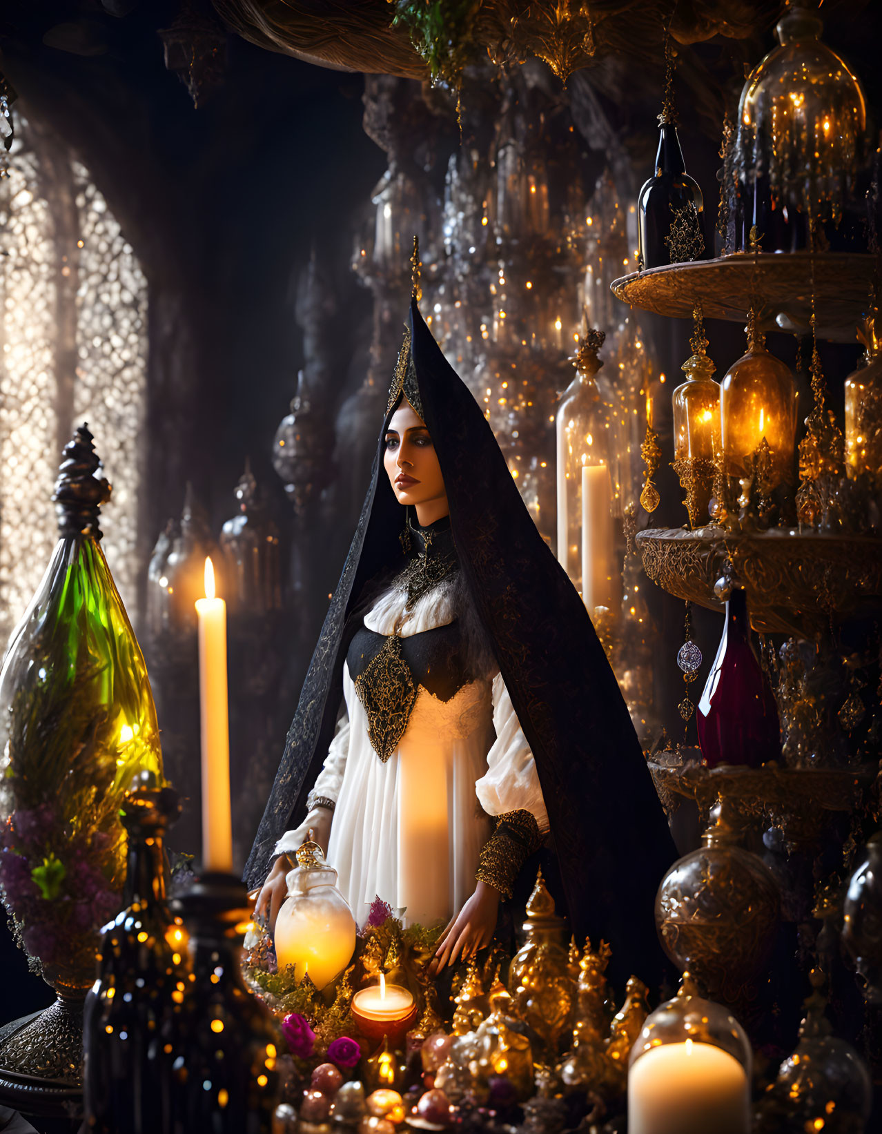 Mystical woman in dark gown surrounded by candles and ornaments