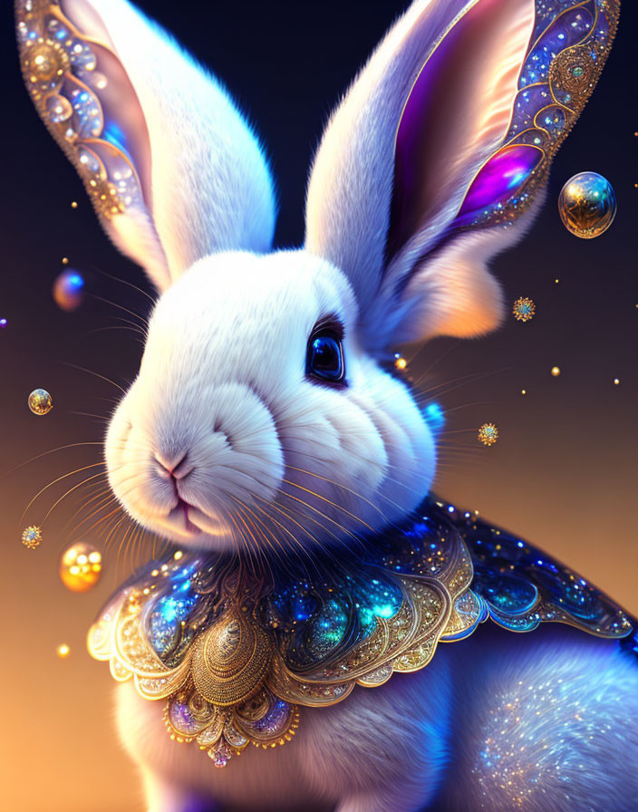 Elegant white rabbit with golden collar in magical fantasy setting