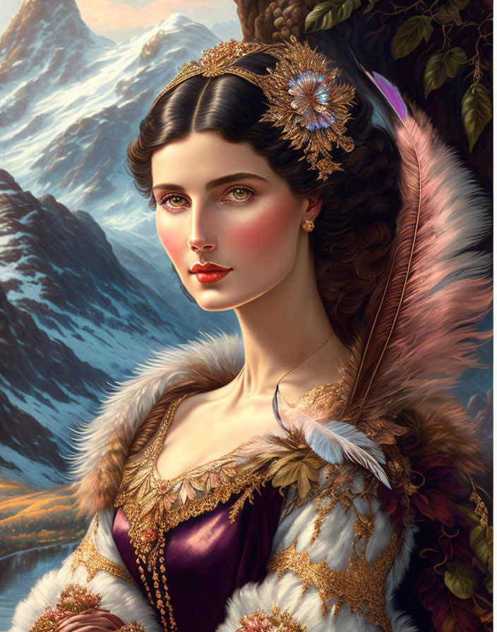 Digital Artwork: Elegant Woman in Fur-Trimmed Dress with Mountain Background