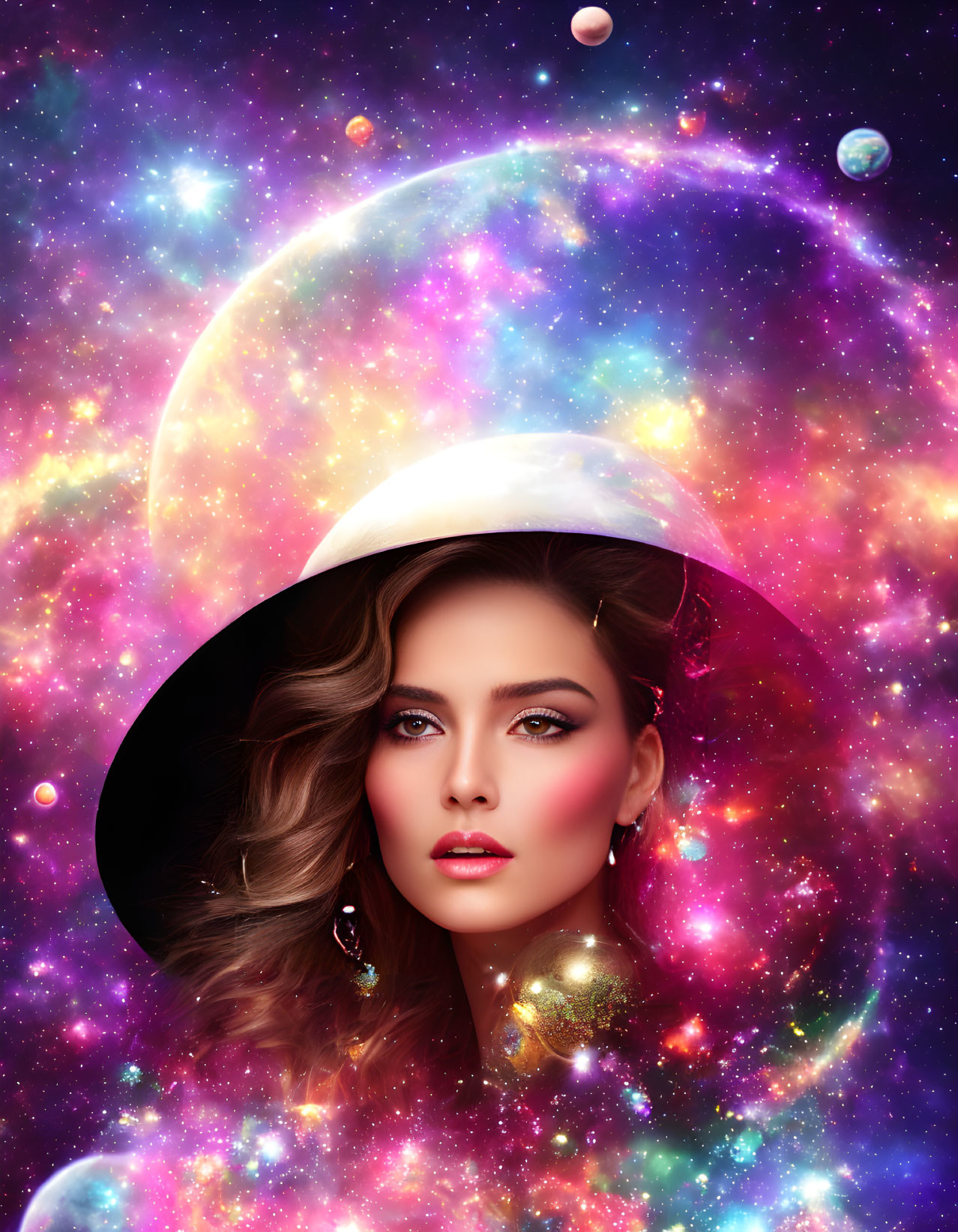 Cosmic-themed woman with celestial makeup and intense gaze