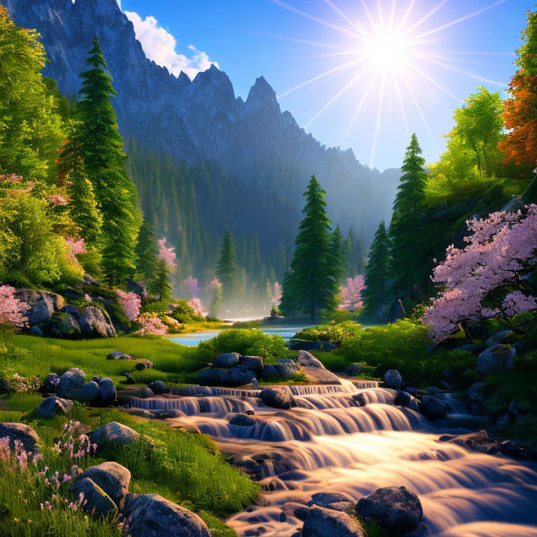 Sunburst illuminating serene mountain landscape with cascading stream, pink trees, and lush greenery.