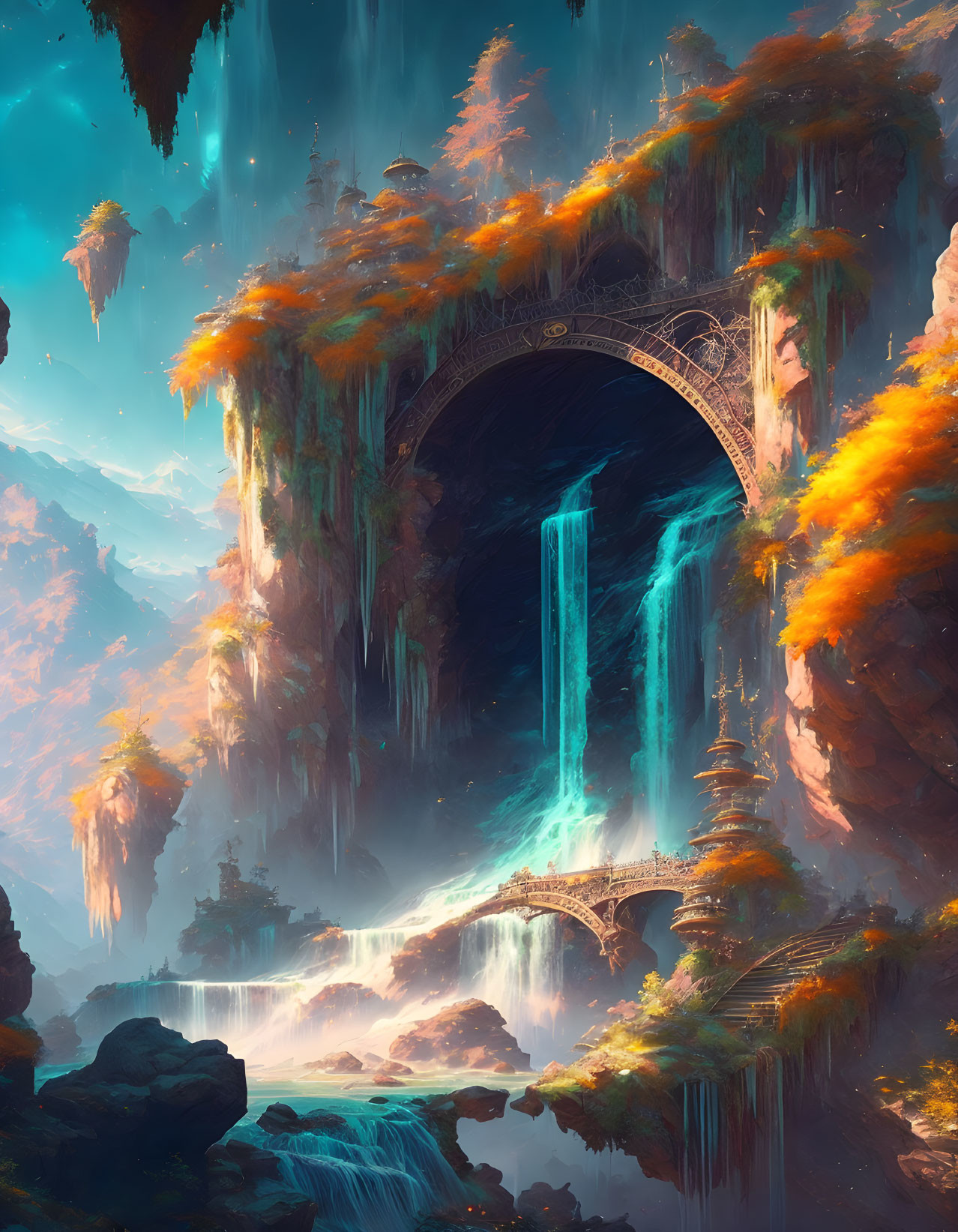 Mystical landscape with waterfall, stone arch, bridge, and lush foliage