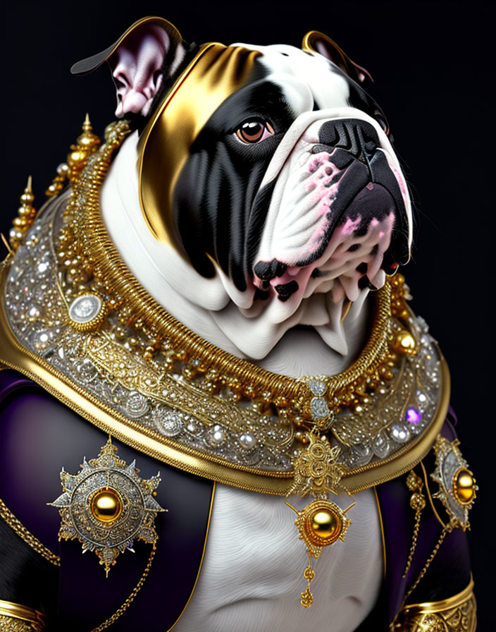 Regal Bulldog in Golden Jewelry and Rich Attire on Dark Background