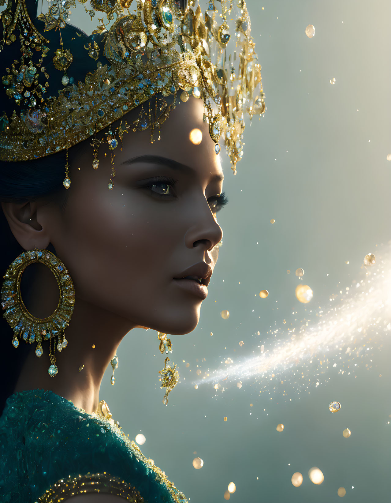 Woman with Golden Headdress and Jewelry in Sparkling Light