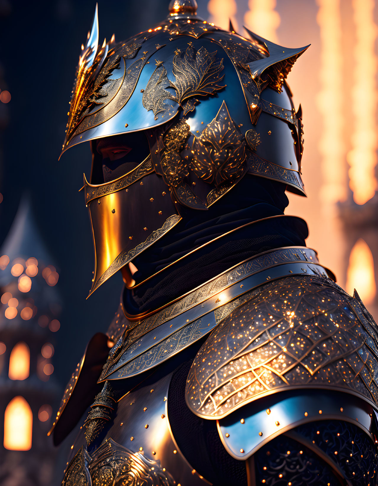 Detailed Close-Up of Knight in Ornate Golden Armor and Plumed Helmet