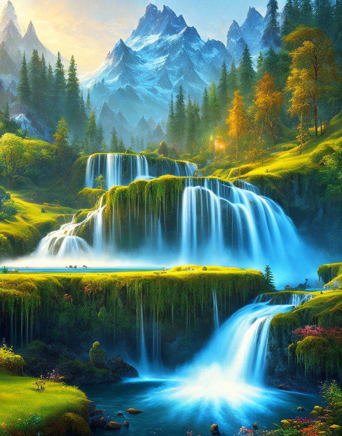 Scenic landscape with waterfalls, greenery, mountains in clear sky