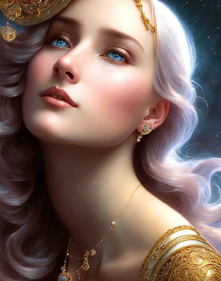 Digital artwork: Woman with blue eyes, wavy hair, golden jewelry, starry background