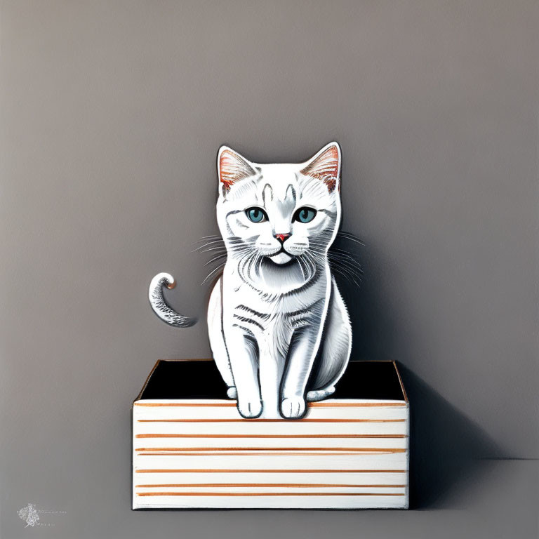 White Cat with Grey Markings Sitting on Striped Box on Grey Background