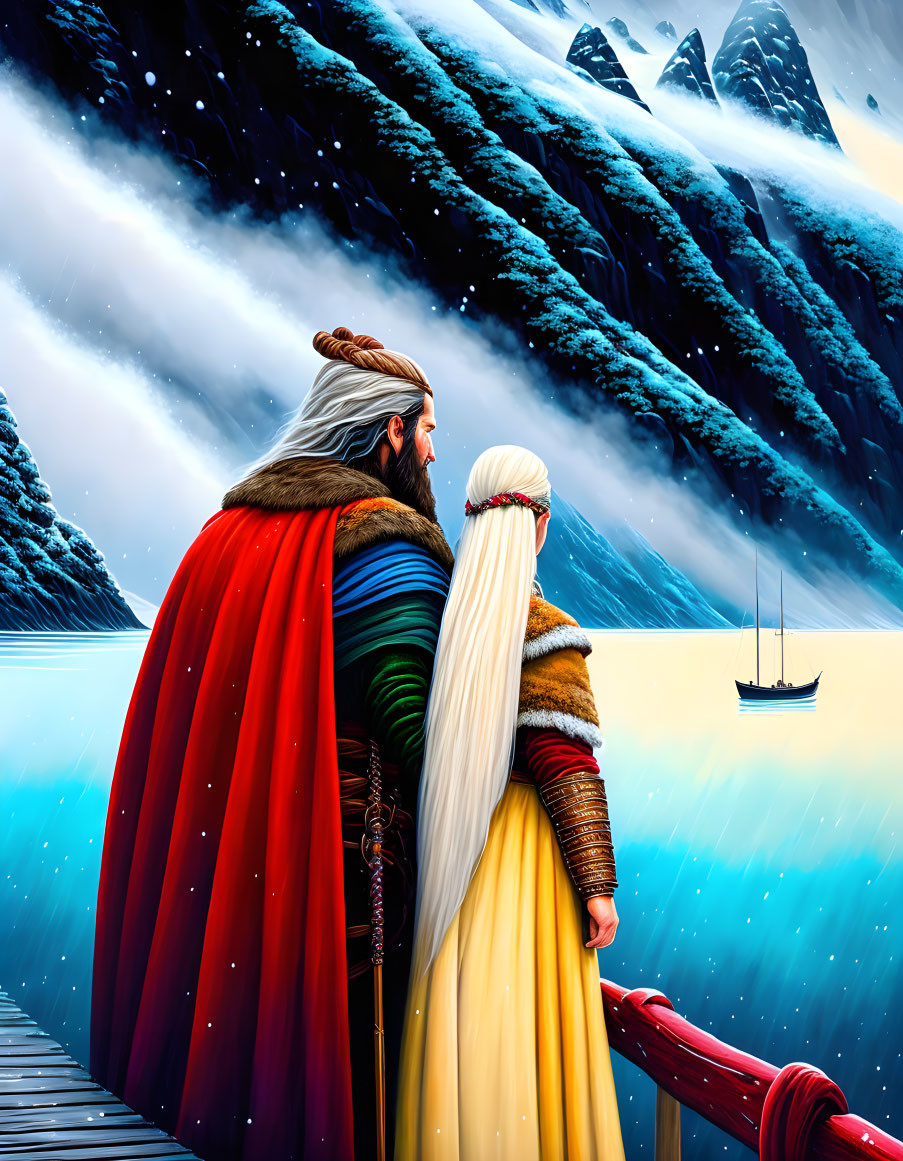 Digital illustration of bearded man and woman in historical clothing with ship in snowy landscape