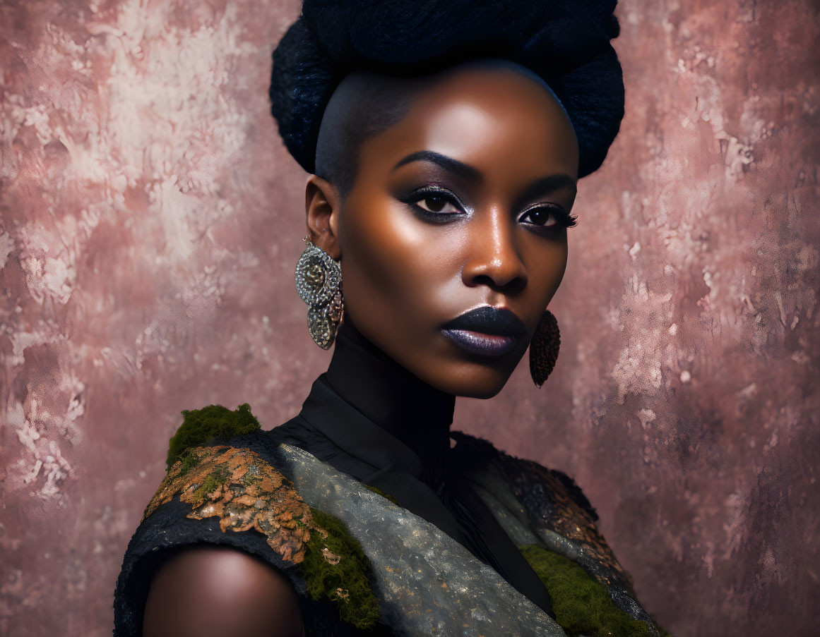 Portrait of Woman with Bold Makeup, Intricate Hairstyle, and Ornate Earrings