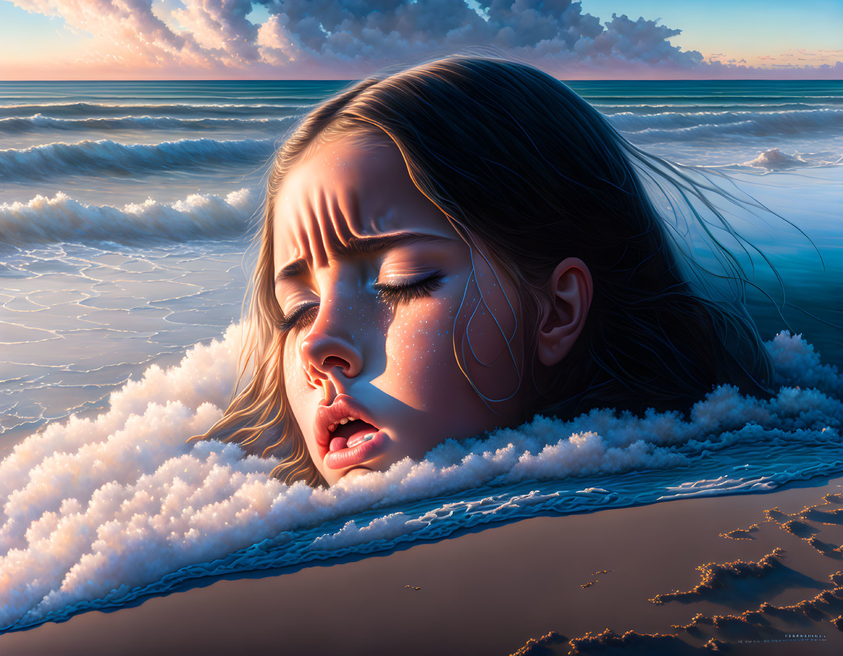 Hyper-realistic illustration of girl on beach with flowing water, eyes closed