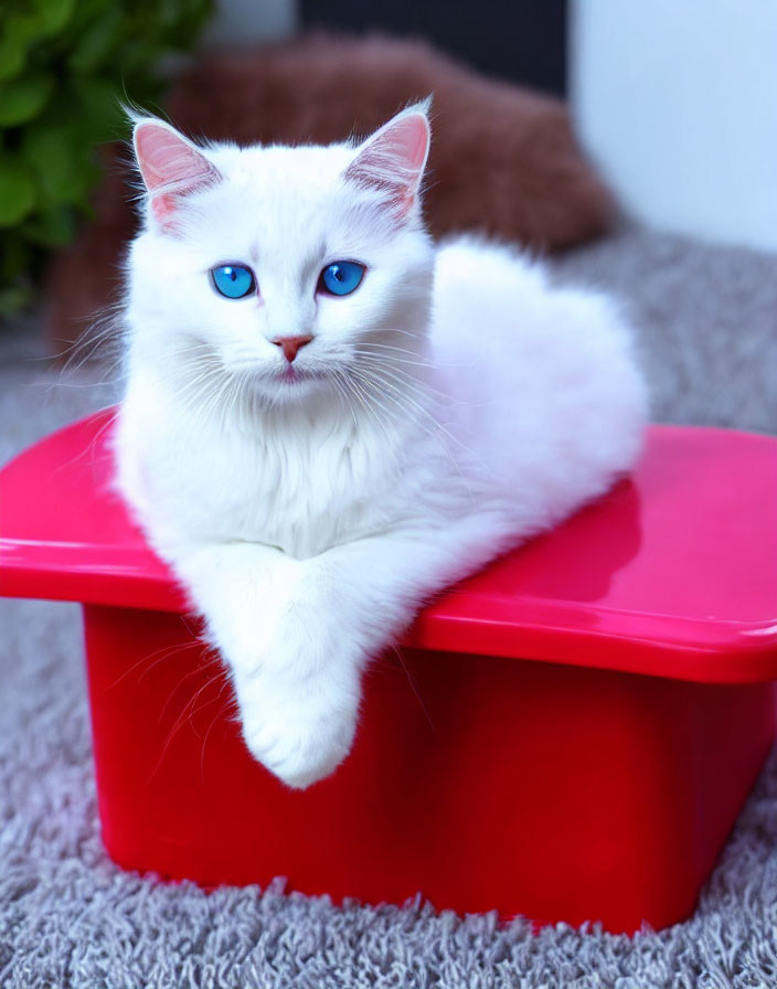 Fluffy white cat with blue eyes on red stool, brown cat in background