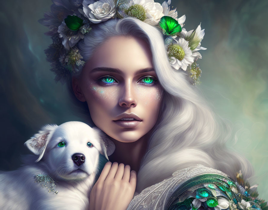 Portrait of Woman with Silver Hair, Blue Eyes, Floral Crown, and White Puppy