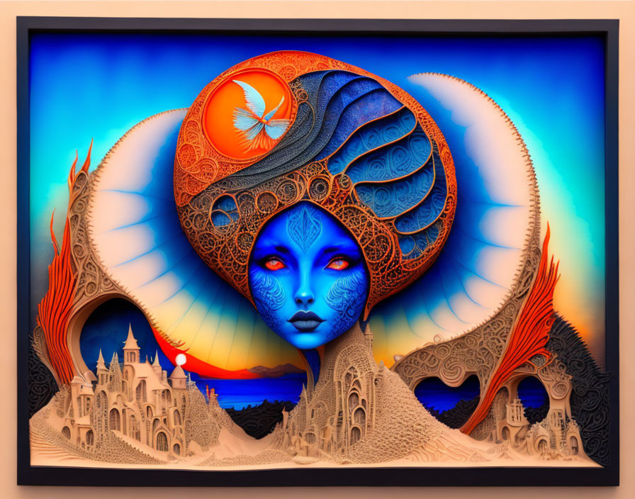 Blue-faced female figure with intricate headdress in vibrant, surreal setting