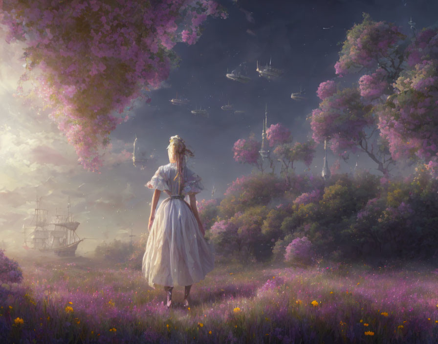 Woman in white dress in purple-flowered field under surreal sky