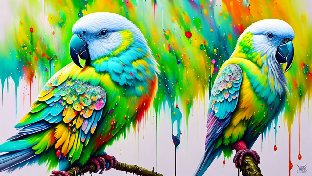 Colorful Artwork: Stylized Blue and Green Parrots on Bright Background