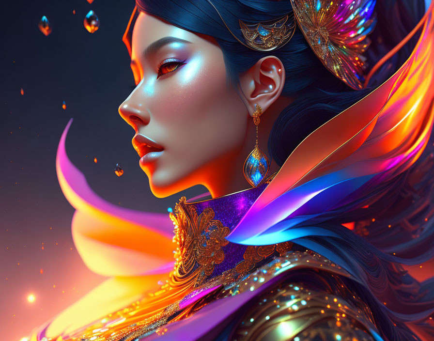 Colorful digital artwork of a woman with flowing hair and ornate jewelry on luminous background.