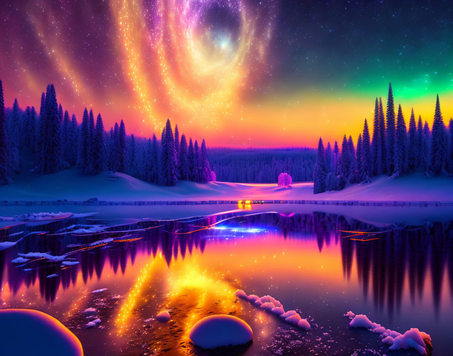 Colorful Aurora Borealis in Snowy Winter Landscape