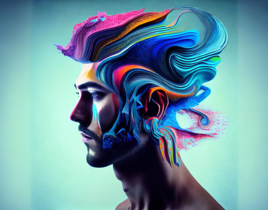 Man's Profile with Colorful Stylized Digital Art of Flowing Hair and Thoughts