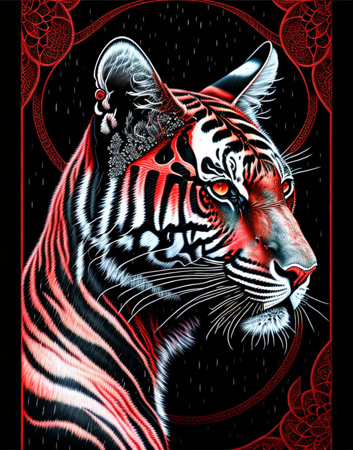 Colorful Tiger Illustration with Human-like Features on Dark Background