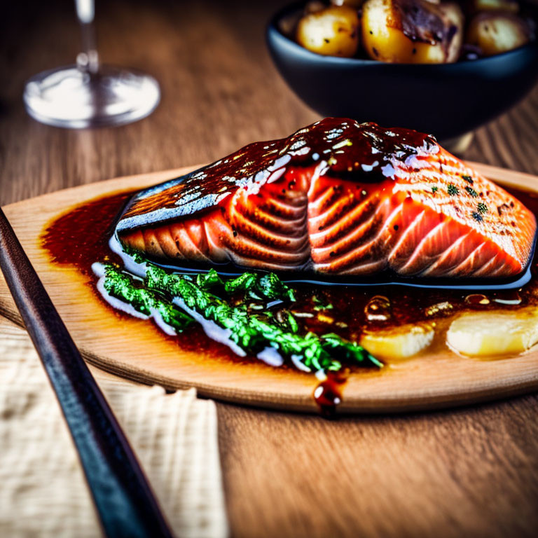 Grilled Salmon Fillet with Glaze, Greens, Potatoes, Chopsticks, and Wine