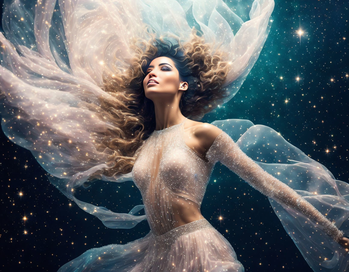 Voluminous hair woman in sparkly dress against starry backdrop