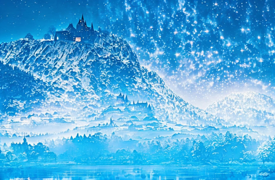 Snowy mountain castle under starry sky on serene landscape