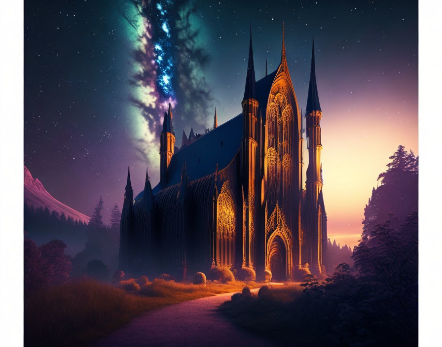 Gothic cathedral at dusk with starry sky, trees, and mountain