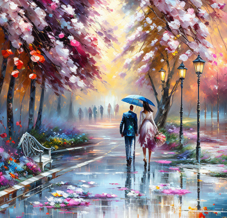 Romantic couple walking under umbrella on flower-lined path