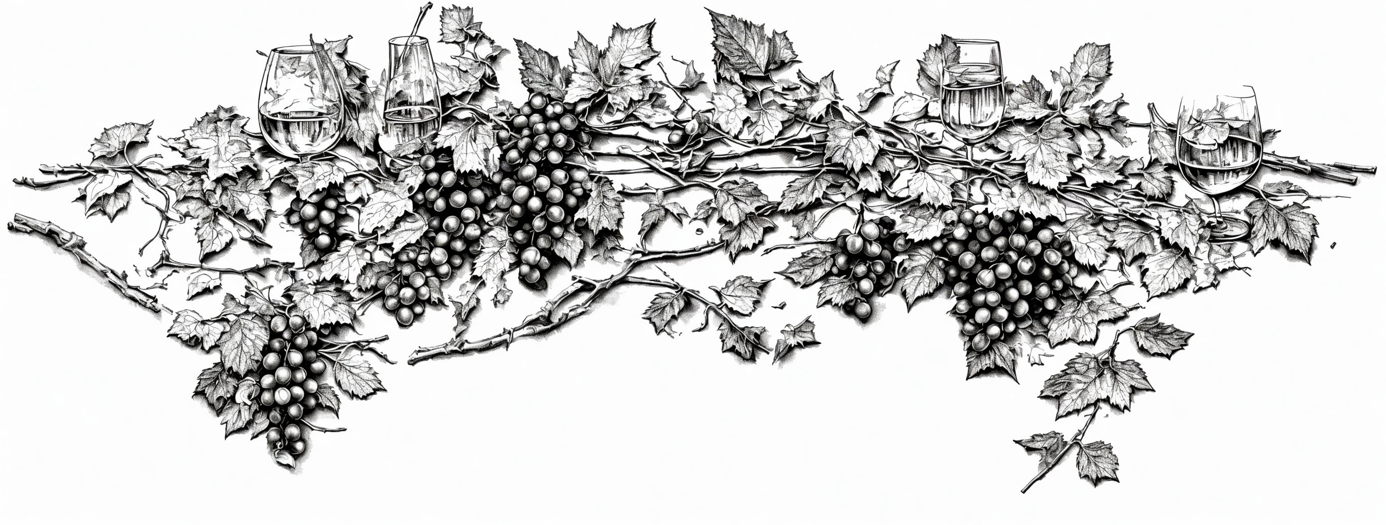 Monochrome grapevine with grapes and wine glasses