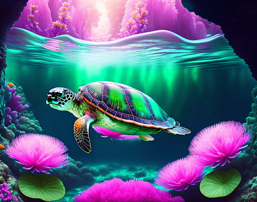 Colorful digital artwork: Sea turtle swimming near coral and anemones