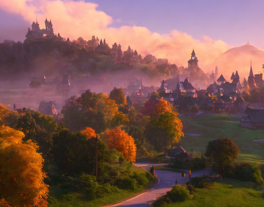 Misty medieval village at sunrise with autumn trees and castle